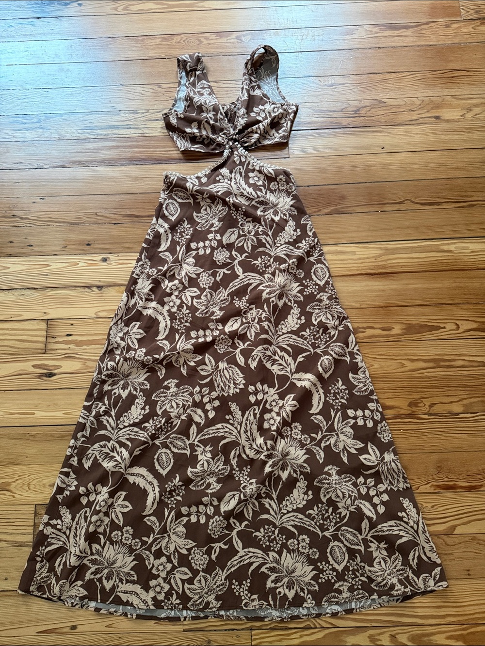 SHEIN Brown Floral Cutout Maxi Dress with Cream Print